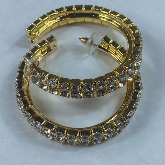 Gold Tone Hoop Rhinestone Pierced Post Earrings Women Sparkle Shine Dress Up - Picture 6 of 16